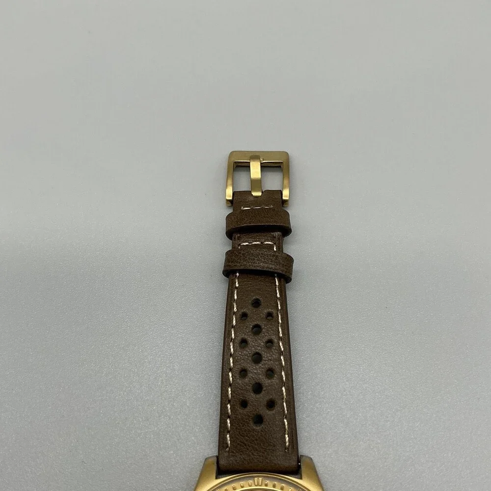 Vintage Seiko 7N43-8B09 Mens Watch 38mm Green Dial Day Date Brown Leather Quartz